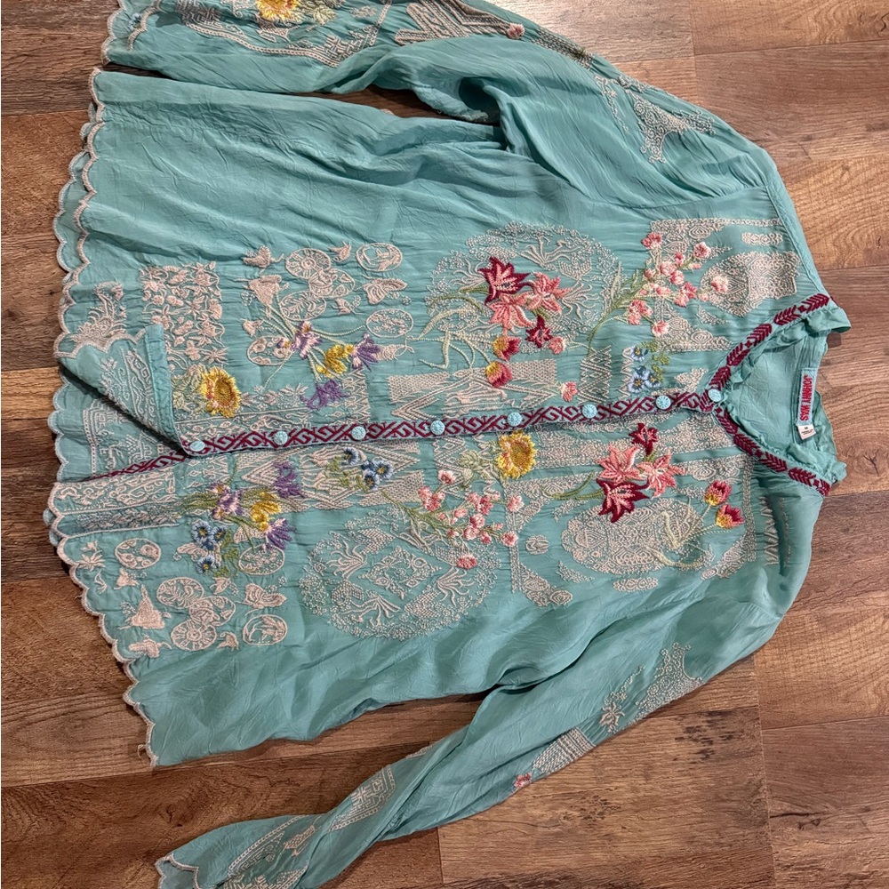Johnny Was Teal Embroidered Blouse